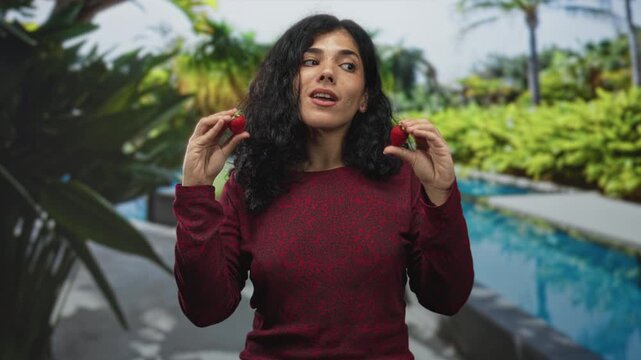 Woman holding strawberries near face at a hotel pool with puckered lips and closed eyes; playful curiosity.