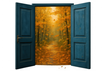 Open blue door revealing a magical autumn forest path with falling golden leaves, symbolizing new opportunities and transition, transparent background