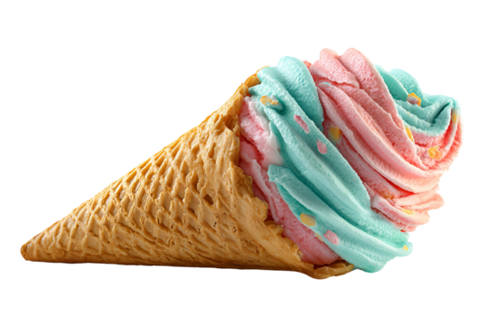 Close up of a colorful ice cream cone isolated on transparent background