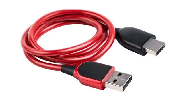 Red usb charging cable coiled and isolated on transparent background - Powered by Adobe