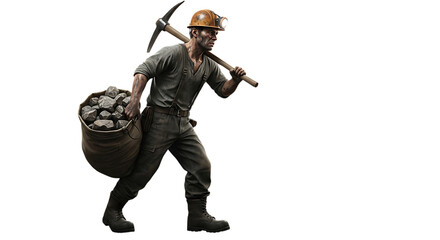Hard Work: A strong worker, shouldering the weight of his labor, epitomizing the essence of a miner, with tools and a bag of coal. A testament to industry and dedication.