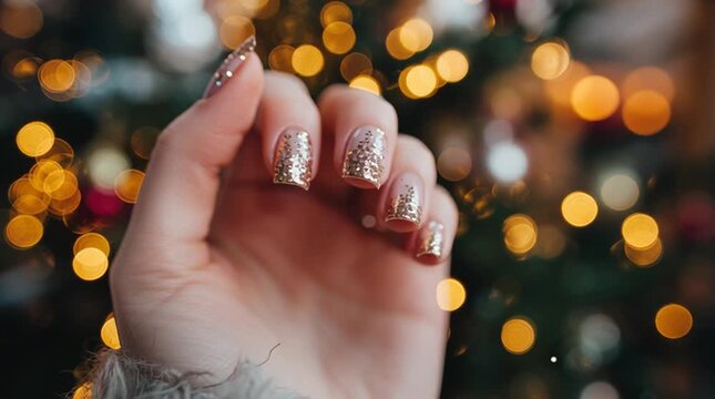 Woman's hand showing gold glitter nails against a blurred christmas tree with bokeh lights backdrop