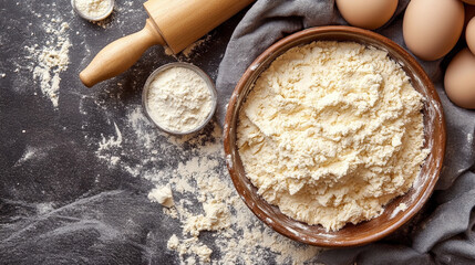 Flatlay of baking essentials with flour, rolling pin, and dough on a clean surface, capturing the preparation process and rustic charm of homemade baking.