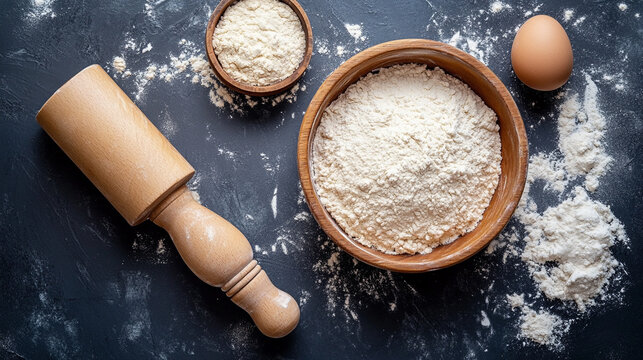 Flatlay of baking essentials with flour, rolling pin, and dough on a clean surface, capturing the preparation process and rustic charm of homemade baking.