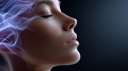 Obraz premium Vagus nerve concept ,Calm woman profile, closed eyes, soft light, serene face, ethereal glow, tranquil mood, deep breath