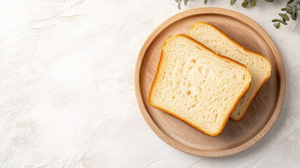 Soft milk bread slices on wooden plate, airy crumb and golden crust, inviting