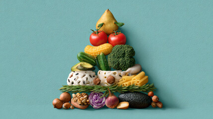 Gut Healthy concept ,Fresh vegetable fruit pasta avocado broccoli cucumber corn nut arrange in food pyramid for healthy mood