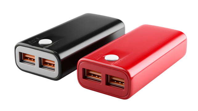 Two portable power banks one black one red isolated on transparent background