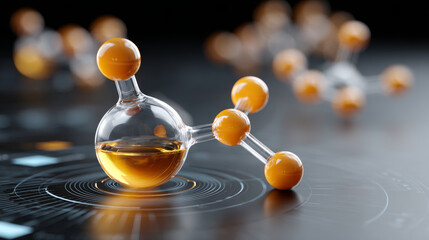 Holographic projection vitamin molecule science lab orange glass futuristic digital grid pulses with wonder and focus