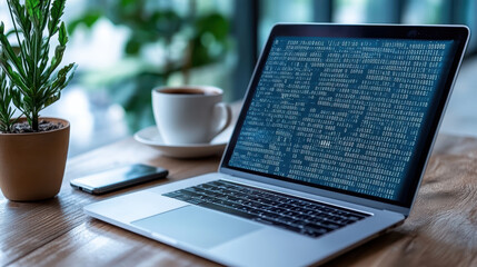 Laptop code screen laptop code computer workspace coffee cup smartphone plant