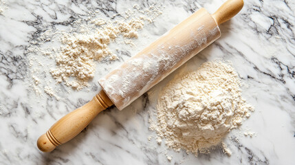 Flatlay of baking essentials with flour, rolling pin, and dough on a clean surface, capturing the preparation process and rustic charm of homemade baking.