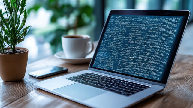 Laptop code screen laptop code computer workspace coffee cup smartphone plant