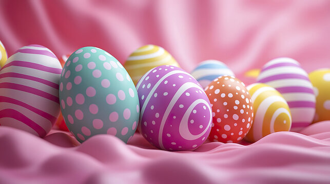 Colorful Easter egg with polka dots and stripes on pink fabric background, festive and bright decoration for spring celebration and holiday joy