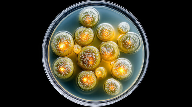 Synthetic Biology concept , Glowing yeast colony petri dish synthetic biology bioluminescent cells microbiology lab science - Powered by Adobe