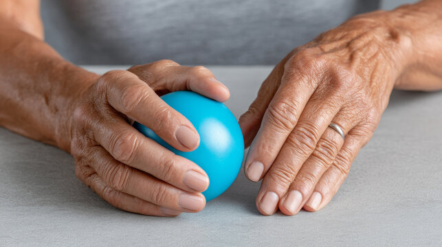 Rheumatoid and arthritis concept ,Hand therapy ball senior hands arthritis relief physiotherapy exercise blue stress ball