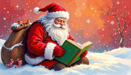 Santa Claus reading book in snowy landscape, surrounded by falling snowflakes and warm, colorful sunset. scene evokes sense of joy and holiday spirit