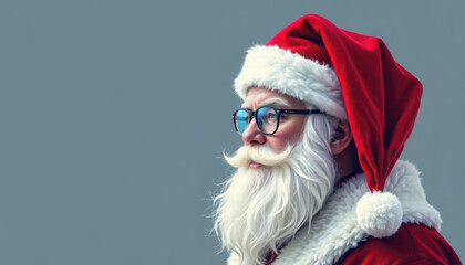 Santa Claus festive character wearing red hat white fur trim glasses long white beard side profile holiday spirit cheerful expression winter attire traditional costume