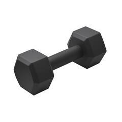 Sleek black dumbbell with hexagonal ends and cylindrical handle on transparent background