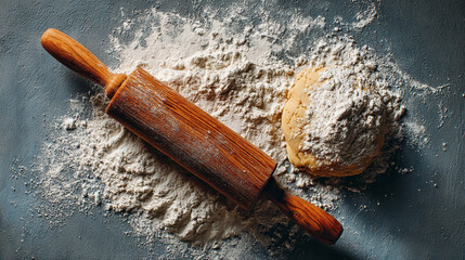 Flatlay of baking essentials with flour, rolling pin, and dough on a clean surface, capturing the preparation process and rustic charm of homemade baking.