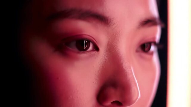 Closeup of a young Asian womans face illuminated by a vibrant red light creating a mysterious and intense atmosphere with a focus on her expressive eyes and subtle facial features.