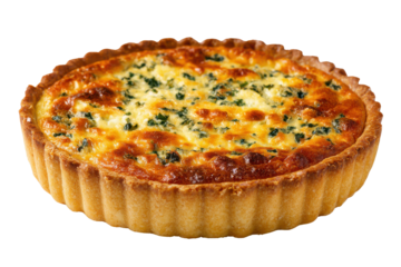 Golden brown quiche with visible herbs and cheese filling on black tart food, Png, Isolated on Transparent Background, Cut Out