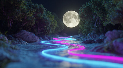 A holographic moon floats above a glowing neon river, casting surreal reflections in a futuristic dreamlike landscape.