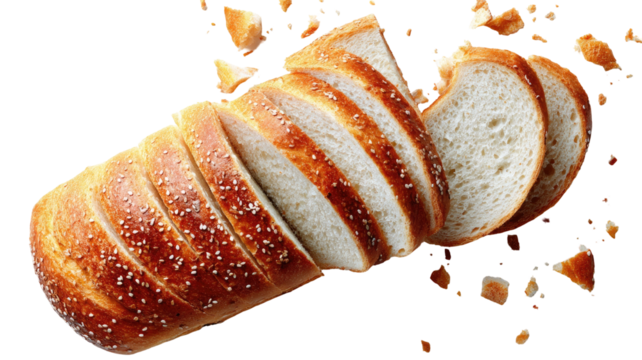 Sliced bread loaf with crispy crust and crumb pieces around