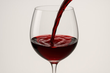 Red wine being poured into clear glass goblet against light background, smooth liquid motion, elegant dining concept