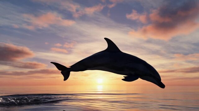 A dolphin leaps from the ocean at sunset with water splashing around it in the golden light dolphin video