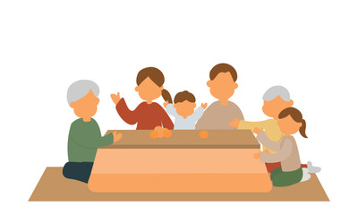 こたつでみかんを食べる三世代家族のイラスト