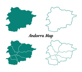 Four Teal Map Shapes of Andorra Map with Different Borders on White