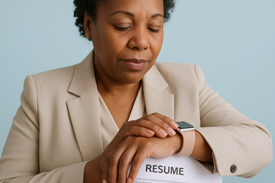 Professional woman in beige suit holding resume and checking smartwatch, waiting for job interview opportunity