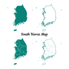 Map of South Korea Teal and White, Plain and Outlined Variations