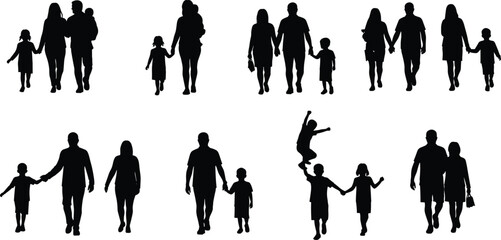 Family silhouette set, adult and child interactions, parenting icons, walking poses, gesture diversity, social connection, relationship illustration