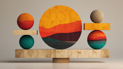 Concept of balance and harmony depicted through symmetrical forms, flowing elements, and serene colors, symbolizing equilibrium, unity, and peaceful integration in abstract design.