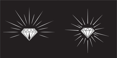 Monochrome vector shining diamond illustrations with radiating starburst lines
