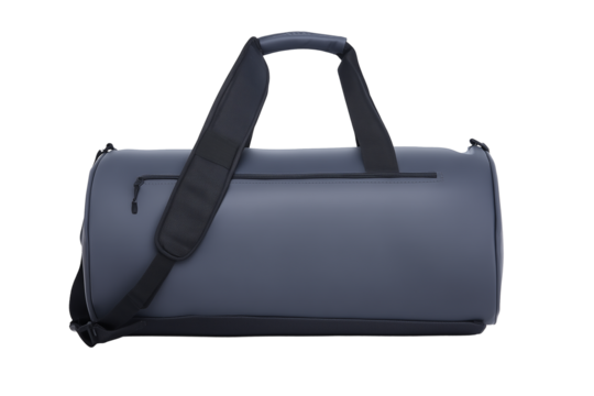 Modern gray cylindrical duffel bag with black accents and adjustable shoulder strap on transparent background