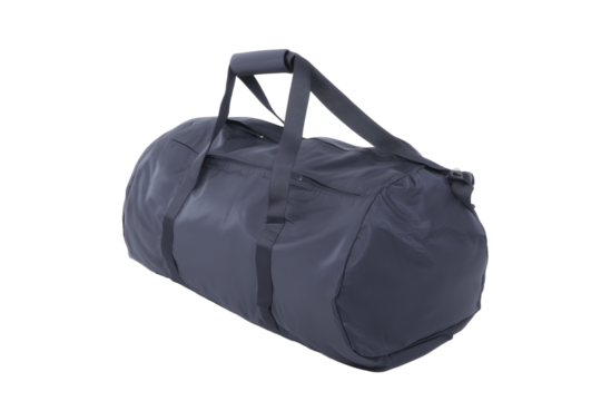 Dark gray duffel bag with adjustable shoulder strap on transparent background - Powered by Adobe