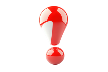 A glossy red exclamation mark isolated on transparent background, symbolizing a question or uncertainty, rendered in a modern, threedimensional style