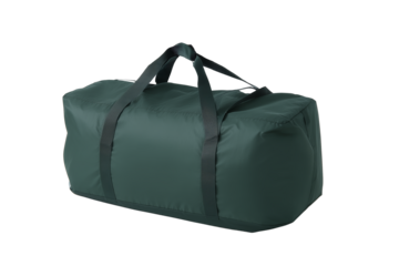 Dark green duffel bag with black straps on transparent background
