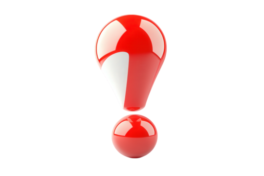 A glossy red exclamation mark isolated on transparent background, symbolizing a question or uncertainty, rendered in a modern, threedimensional style