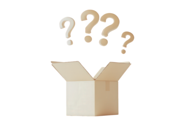 An open cardboard box with question marks floating above isolated on transparent background, representing mystery, surprise, or unknown contents