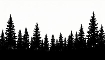 A stark black and white image featuring the silhouette border of dense pine and fir trees against a completely white background.