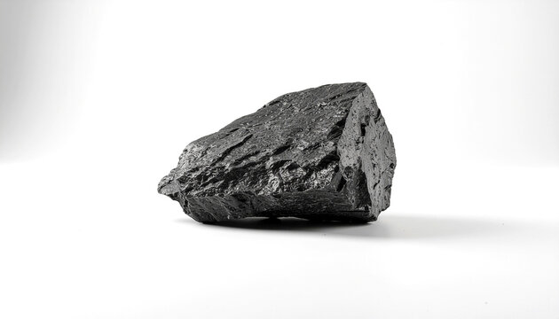 A single, dark, jagged piece of raw coal or ore resting on a solid white background with subtle studio lighting.