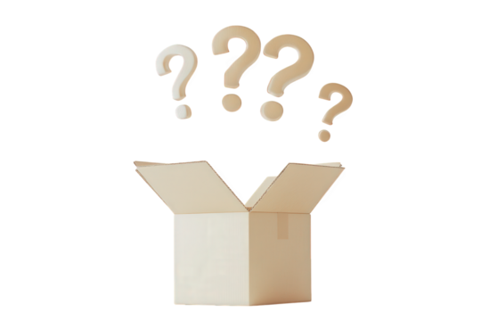 An open cardboard box with question marks floating above isolated on transparent background, representing mystery, surprise, or unknown contents