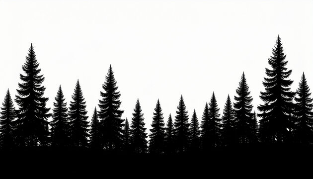 A stark black and white image featuring the silhouette border of dense pine and fir trees against a completely white background.