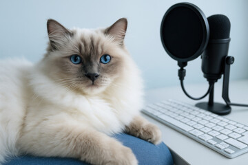 Fluffy blue eyed cat relaxing in front of microphone and computer keyboard in cozy home office setting