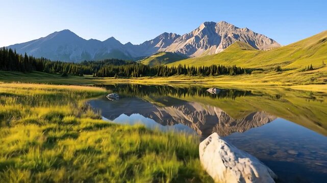 Mountain lake reflection with green grass and clear sky