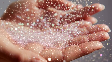 Close up of hands holding and scattering sparkling glitter in a soft focus studio setting