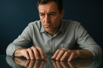 Worried middle aged man reflecting on life, feeling stressed and anxious while sitting alone at a table with hands on glass surface